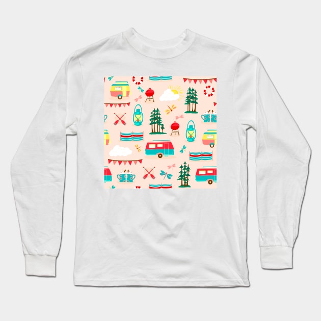 Vintage campsite with caravans repeat pattern Long Sleeve T-Shirt by NattyDesigns